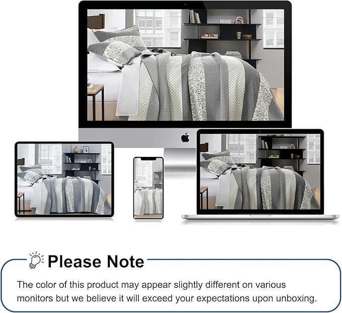 Stripe Quilts Queen Size - 100% Cotton Lightweight Quilt Bedding Set 3 Pieces, Vintage Vine Pattern Quilted Bedspread with 2 Pillow Shams, Farmhouse Printed Coverlet for All Season, Gray