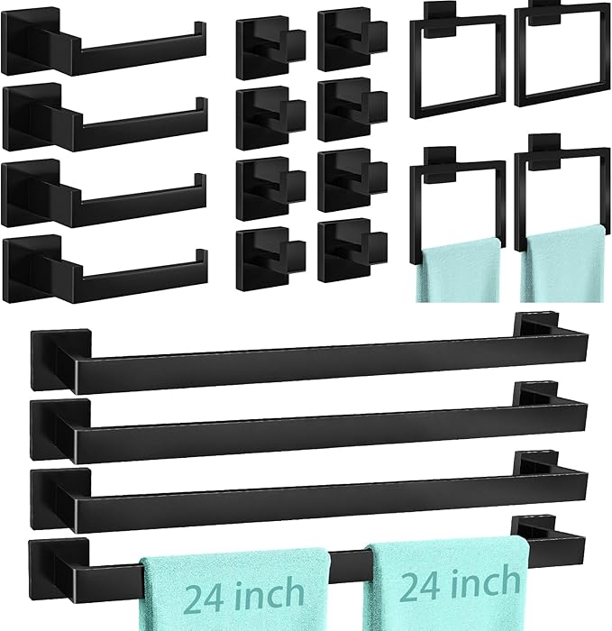 20-Piece Matte Black Bathroom Hardware Set, 24 Inch Bath Towel Bar Set, Stainless Steel Wall Mounted Towel Rack for Bathroom