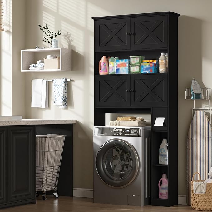 Over The Toilet Storage Cabinet, Farmhouse Storage Cabinet Over Toilet with 4 Barn Doors & Toilet Paper Holder Stand, Black Toilet Shelf Home Space Saver for Restroom, Bathroom, Laundry