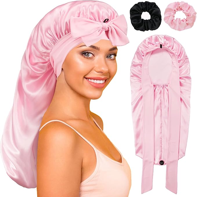 Long Satin Bonnet with Tie Band for Sleeping Women - Silk Sleep Bonnet for Curly Hair and Braids