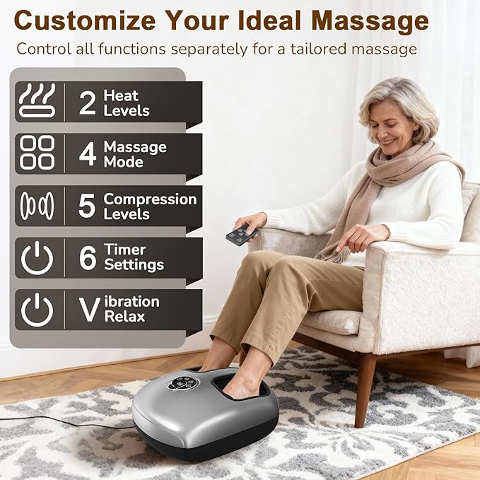 Shiatsu Foot Massager Machine with Heat : Deep Kneading Foot Massager with Vibration & Compression for Plantar Fasciitis & Neuropathy - for Women & Men,Relax for Home Office Use (Silver)