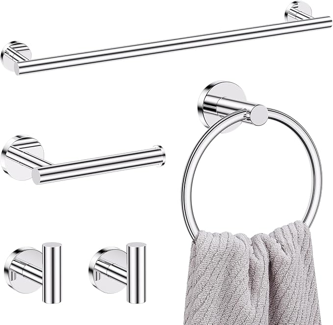 Lairuier 5 Pieces Polished Chrome Bathroom Accessories Set, SUS304 Stainless Steel 24 Inch Bath Towel Bar Set, Round Toilet Paper Holder Set Wall Mounted