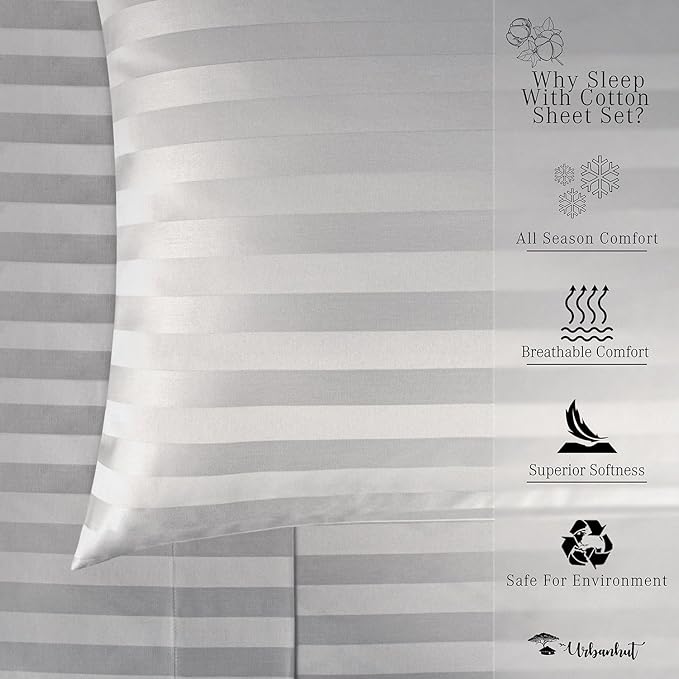 URBANHUT 1000 Thread Count Egyptian Cotton Sheets Damask Striped California King Size, Breathable Long Staple, 4 Pc Bed Sheet Sets, Luxury Hotel Sateen Sheets Fits 16" Deep Pocket - Silver Grey