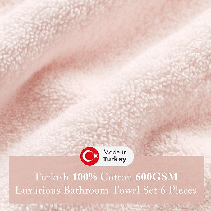 Madison Park Turkish 100% Cotton 600Gsm Luxury Premium Thick Soft Absorbent Hotel Bathroom Towel Set Shower Hand Face Washcloths, Assorted Sizes, Blush 6 Piece
