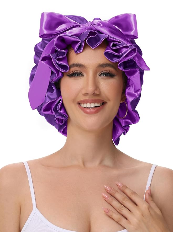 Cute Adjustable Silk Bonnet for Sleeping Double Layer Satin Cap Hair Sleep Bonnet for Curly Hair Purple