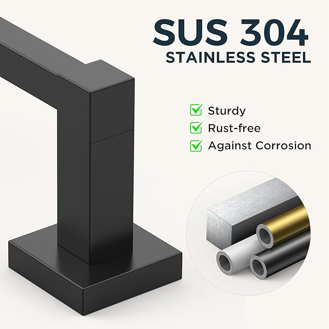 FORIOUS Toilet Paper Holder Set Wall Mount, SUS 304 Stainless Steel Pivoting Toilet Paper Holder and Towel Ring, Hand Towel Holder Set for Bathroom, Square Bathroom Hardware Set, Matte Black