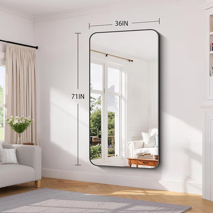 Koonmi Black Framed Bathroom Mirror - 36x71 Inch Shatterproof Tempered Glass Vanity Mirror for Bathroom Sink, Wall Mounted with Matte Aluminum Alloy Frame, No Distortion, Modern Decor