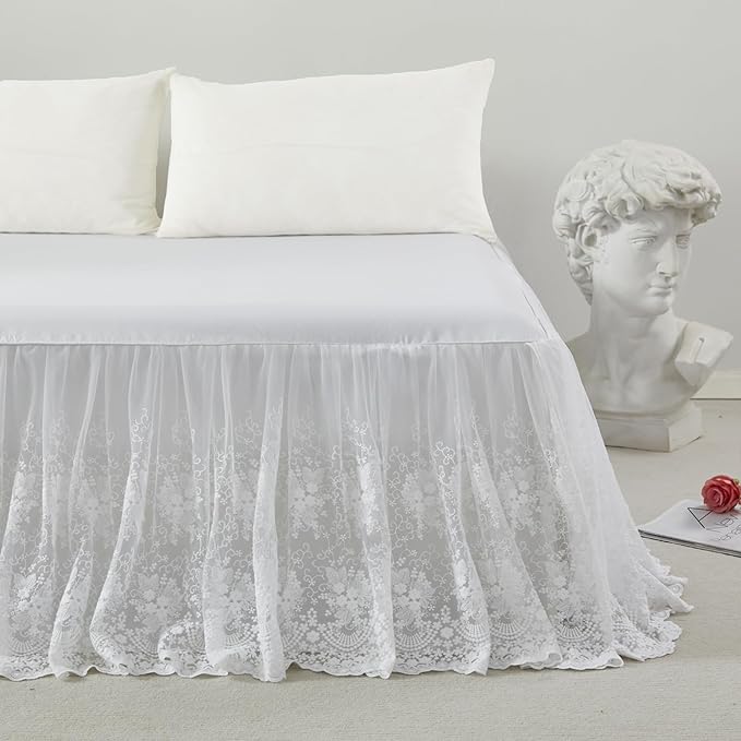 Brandream Lace Bed Skirt Twin Size White 18 Inch Drop Romantic Dust Ruffle Split Corners Bed Sheets Cover Excellent Quality