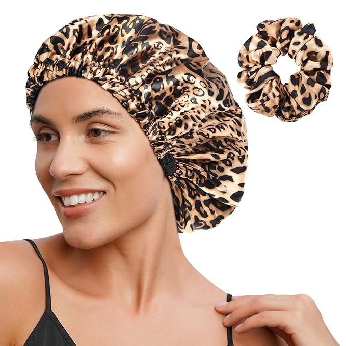 YANIBEST Adjustable Silk Bonnet Double Layer Satin Bonnet Hair Bonnet for Sleeping Bonnets for Women Hats Curly Natural Hair, Bold Cheetah