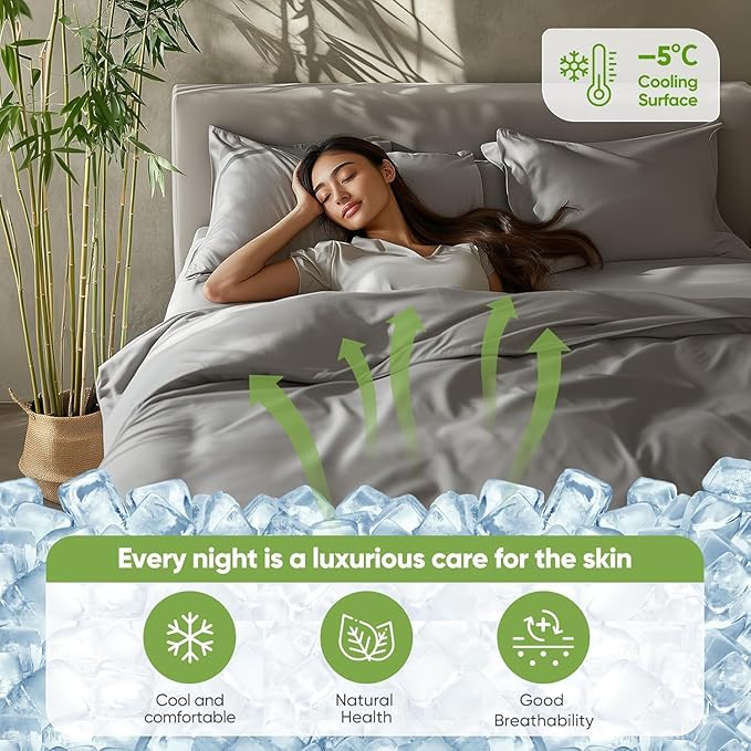 TWK Luxury Sheet Set, Genuine 100% Viscose Derived from Bamboo, Cooling & Breathable, Silky Soft, Bedding Sheets & Pillowcases(Gray, Queen(60 * 80 * 15))