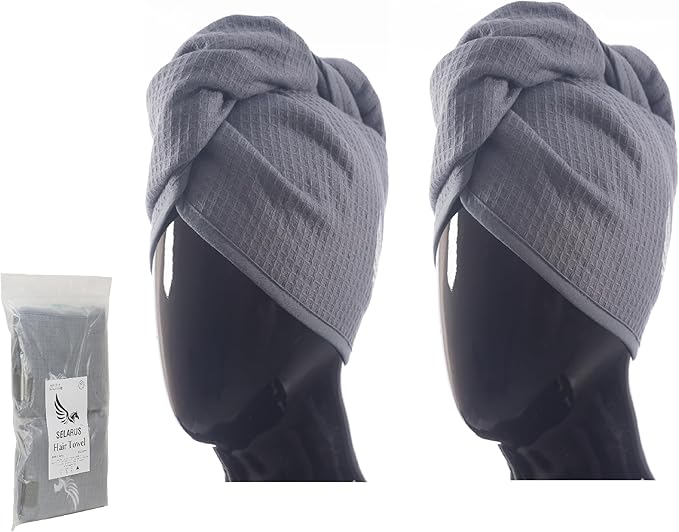100% Turkish Cotton Hair Towel Wrap for Women,Non Microfiber,Super Absorbent,AntiFrizz,Plopping Hair Drying Waffle Bath Towels for Curly,Long&Thick Hairs,Head Wrap,2 Pack10x26inc (Grey+Grey)