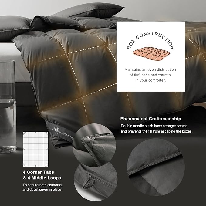 Royoliving Premium Feathers Down Duvet Insert Comforter California King Size Charcoal Grey All Season Medium Warmth 100% Cotton Cover with Corner Tabs (108x98, 67 oz)