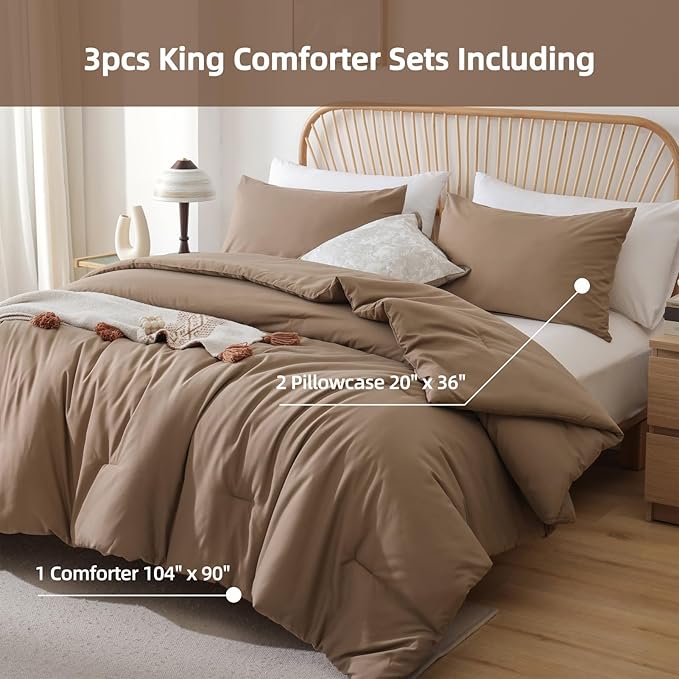 ROSGONIA Oversized Queen Comforter Dark Khaki, 3pcs (1 Comforter & 2 Pillowcases) Lightweight Oversized Queen Comforter Sets Bedding Blanket Quilts