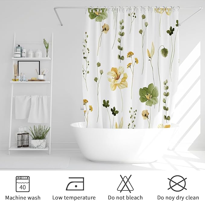Gibelle Extra Long Shower Curtain 72 x 84, Watercolor Floral Fabric Shower Curtain, Olive Green Beige Flower Decorative Bathroom Shower Curtain Set with Hooks