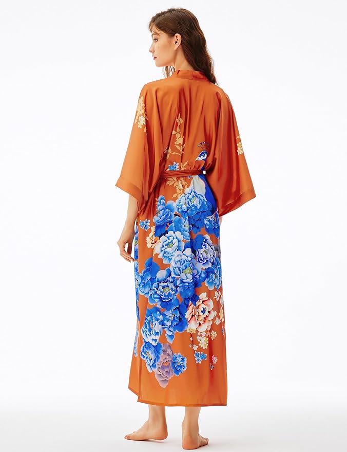 PRODESIGN Kimono Robe for Women - Long Satin Sleepwear Silky Kimono Cover-Up Nightgown Japanese Bathrobe Loungewear Blouse