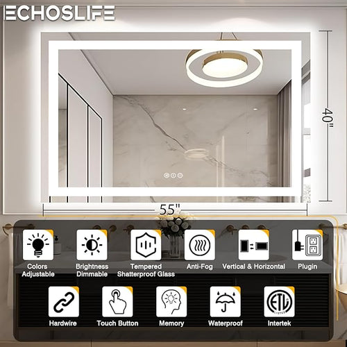 55"x40" Bathroom Mirror with LED Lights, Front and Backlit Mirror, Anti-Fog LED Vanity Mirror, 3 Colors and Dimmable Mirror, Waterproof, Corrosion Proof (Horizontal/Vertical)