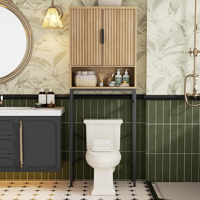 Over The Toilet Storage Cabinet with Fluted Doors and Adjustable Shelf, Tall Bathroom Organizer with Metal Stand Space Saver Over Toilet , Wood Rack for Bathroom, Restroom, Laundry, Natural Oak