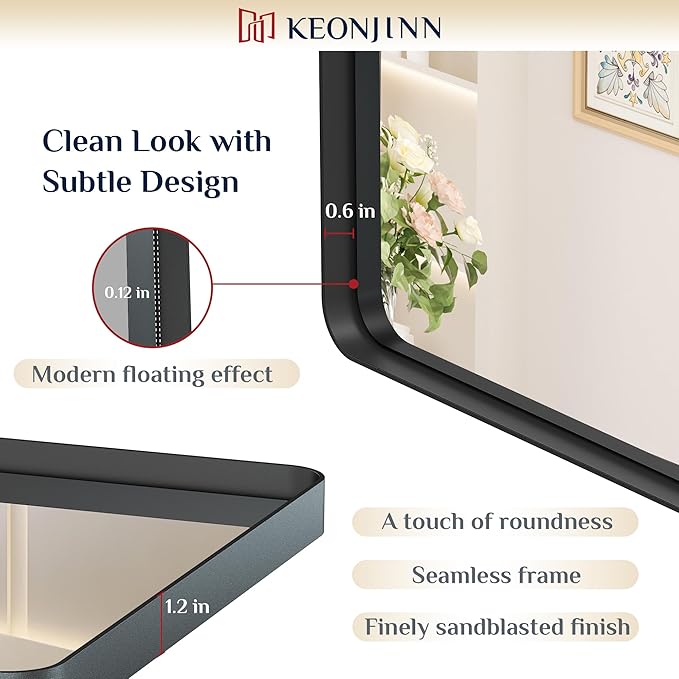 Keonjinn Black Bathroom Mirror for Over Sink, 42 x 36 Inch Large Rounded Rectangle Bathroom Vanity Mirror, Matte Black Farmhouse Wall Mirror, HD Tempered Glass, Seamless Aluminum Alloy Frame Mirror
