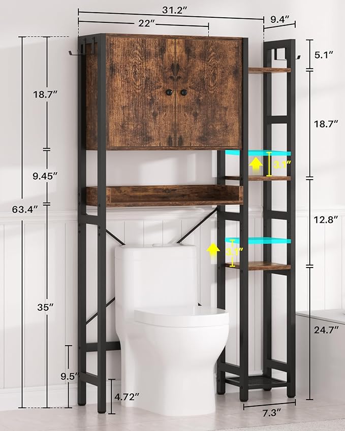 Over The Toilet Storage Cabinet with Doors - 7 Tier Bathroom Organizer with Adjustable Shelf, Freestanding Space Saver Rack Above Toilet Stand with 4 Hooks for Bathroom, Restroom, Laundry, Rustic