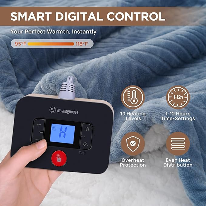 Westinghouse Electric Blanket Twin, Flower Jacquard Heated Blanket Twin Size with 10 Heating Levels and 1-12 Hours Auto-Off, Flannel to Sherpa Reversible, Machine Washable (62" x 84", Blue)
