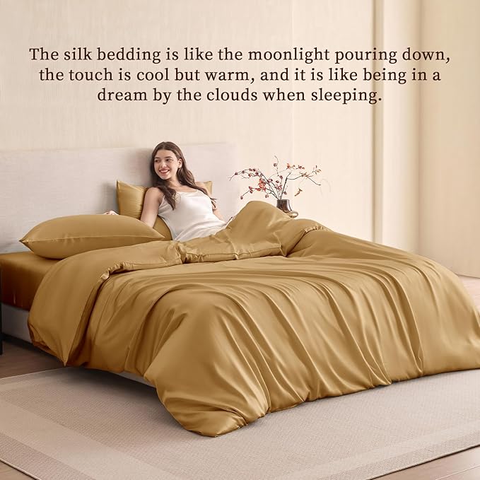 THXSILK 100% Pure Mulberry Silk Duvet Cover Set 3 Piece, 6A+ Grade Luxury Soft Bedding Silk Sheets for Hair and Skin, 1 Pcs Quilt/Comforter Cover with 2 Zippered Pillowcases (Metallic Gold, King)