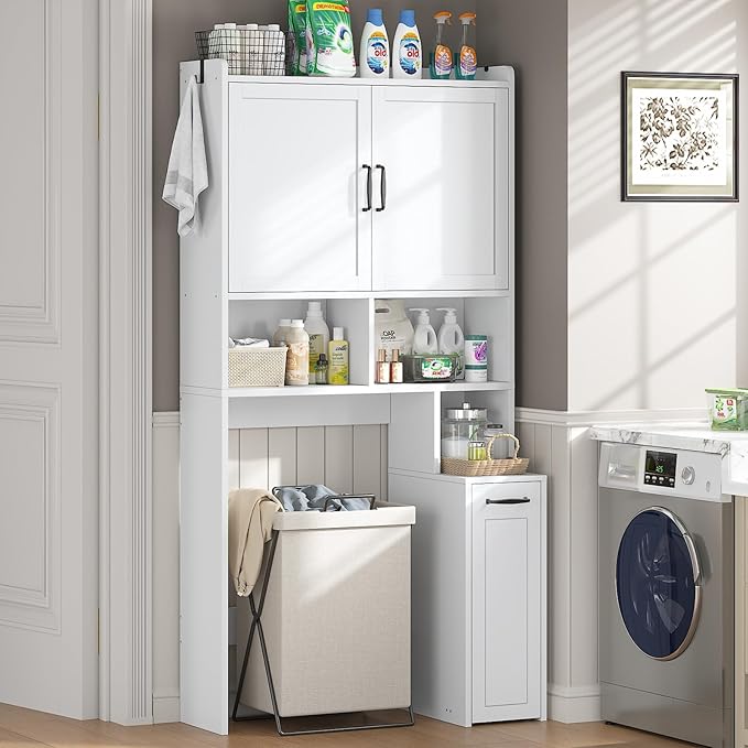 Over The Toilet Storage Cabinet with Pulley Small Bathroom Storage Cabinet, Space Saver W/Adjustable Shelf & Open Shelf for Bathroom, Restroom, Laundry (White)