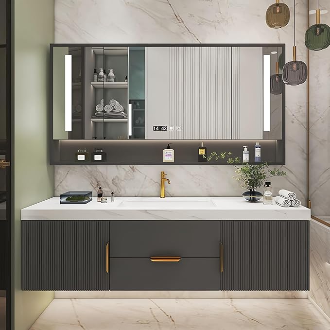 Bathroom Vanity with Single Sink, Modern Bathroom Vanities Compo Includes LED Smart Defogging Mirror Cabinet and Open Shelf, Solid Wood Bathroom Sink Vanity with Slate Countertop (Dark Grey,40")