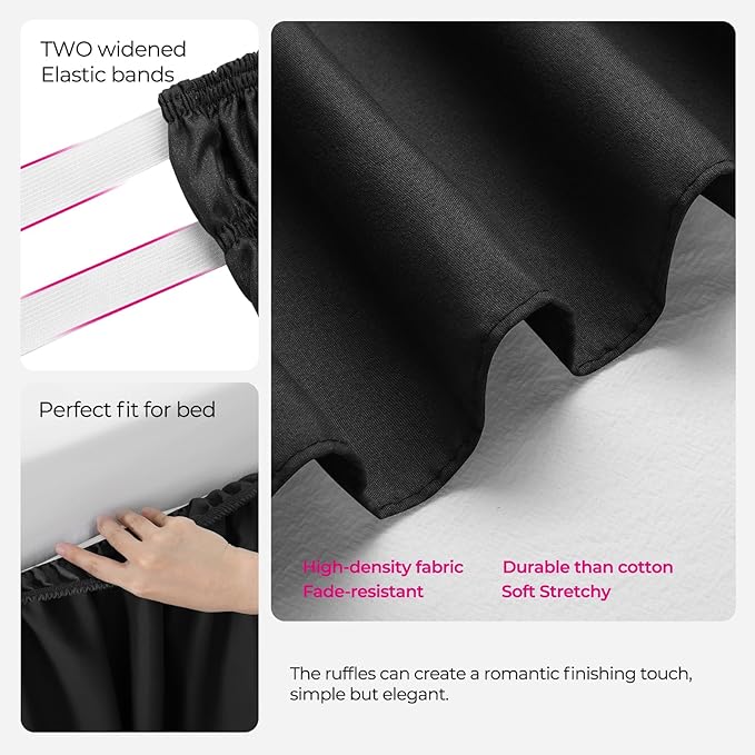RIMELA Black Bed Skirt Queen Size 15 Inch Drop, Elastic Bed Skirting for Bed Base and Frame, Bedding Dust Ruffle Easy to Install, Lightweight Wrap Around Adjustable Bedskirt