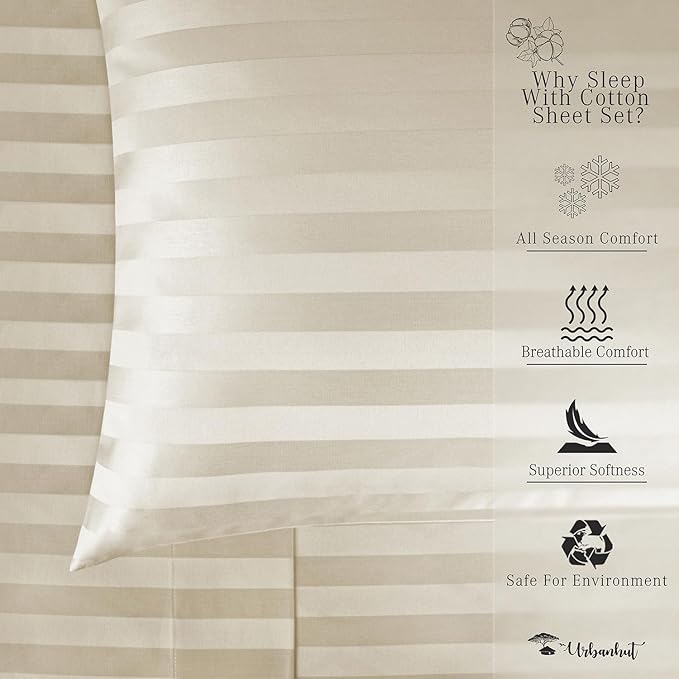 URBANHUT 1000 Thread Count Egyptian Cotton Damask Striped Queen Sheets, Long Staple Soft & Breathable, 4 Pc Bed Sheet Sets, Luxury Hotel Sateen Sheets Fits 16" Deep Pocket - Ivory