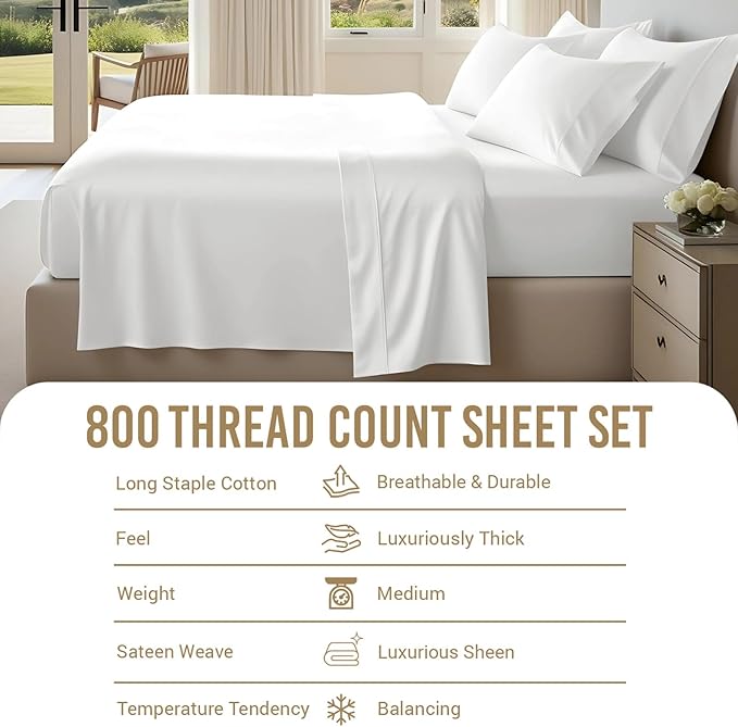 Pizuna Pure 100% Cotton King Size Sheets, 800 Thread Count Long Staple Cotton Crisp Sateen Sheets with 15inch Deep Pocket
