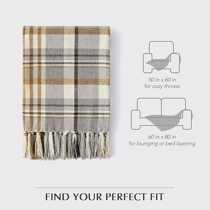 EVERGRACE Plaid Chenille Throw Blanket for Couch, Super Soft Cozy Decorative Farmhouse Plaid Throw with Tassels, Lightweight Chenille Knit Throw for Bed Sofa Gift Home Decor, Grey & Beige 50"x60"