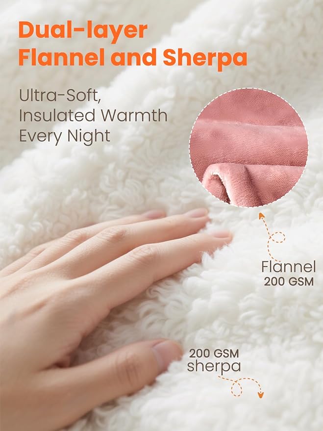 Electric Heated Blanket Throw, Ultra‑Cozy Premium Flannel & Sherpa, Even Heat Distribution & Stable Temp, 1–8H Auto‑Off, 8 Temps (86–125.6°F), Overheat Protection, Ideal Gifts for Grandma
