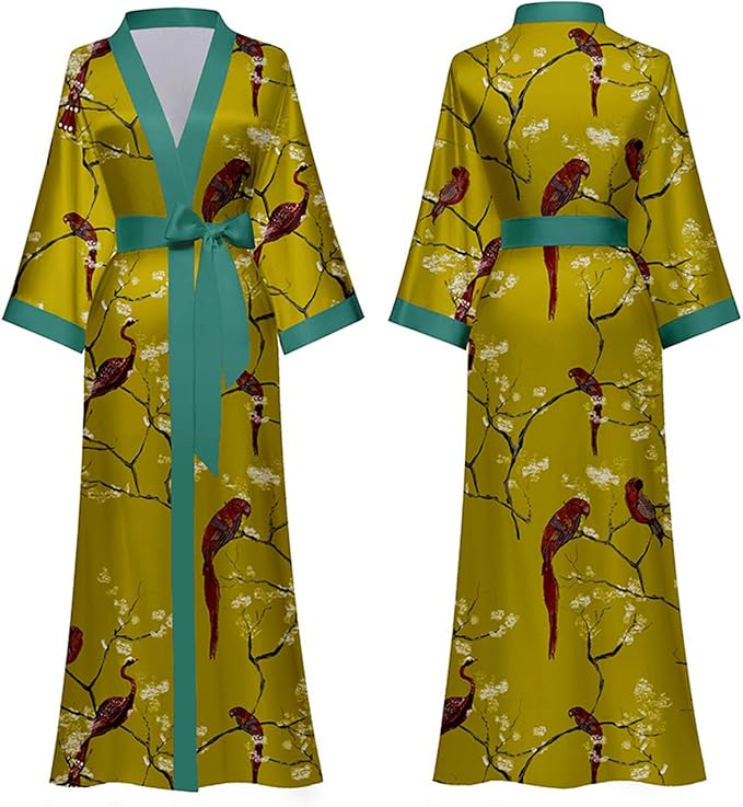 Silk Satin Robe for Women Long Japanese Kimono Robe Lightweight Soft Bathrobe Floral Luxury Dressing Gown