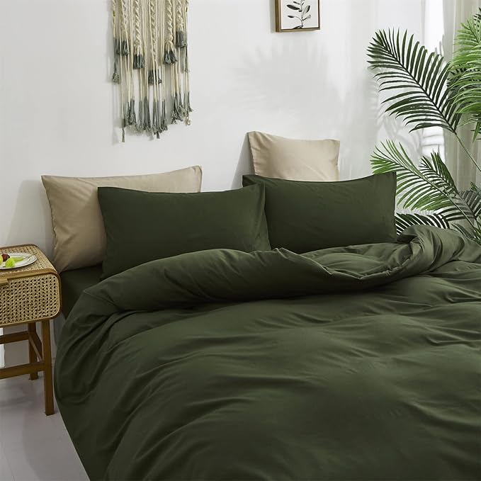 Cottonight Army Green Comforter Set Queen Dark Green Bedding Set Full Plain Modern Style Blanket Quilts Soft Breathable Comforter Set for Women Men