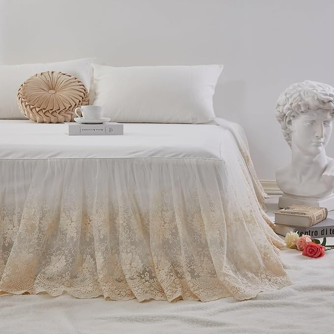 Brandream Lace Bed Skirt Twin Size Cream White 18 Inch Drop Romantic Dust Ruffle Split Corners Bed Sheets Cover Excellent Quality
