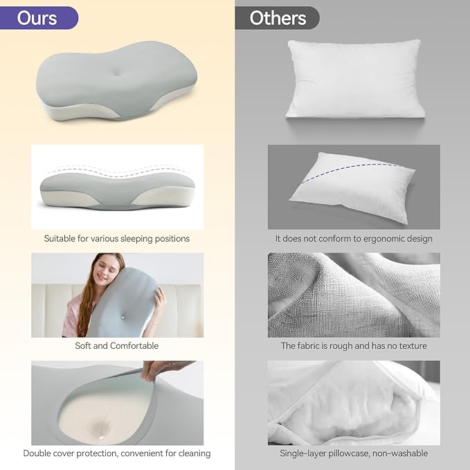 Cervical Neck Pillow for Pain Relief - Cooling Side Sleeper Pillow for Sleeping, Ergonomic Memory Foam Pillows for Neck Support, Contour Orthopedic Bed Pillow for Back Stomach Sleepers (Grey)