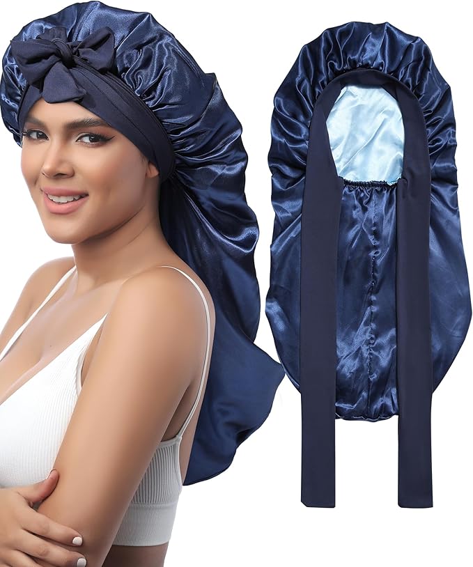 AWAYTR Long Satin Bonnet for Sleeping - Double Layer Reversible Silk Bonnet for Long Hair Women Sleeping Cap with Tie Band
