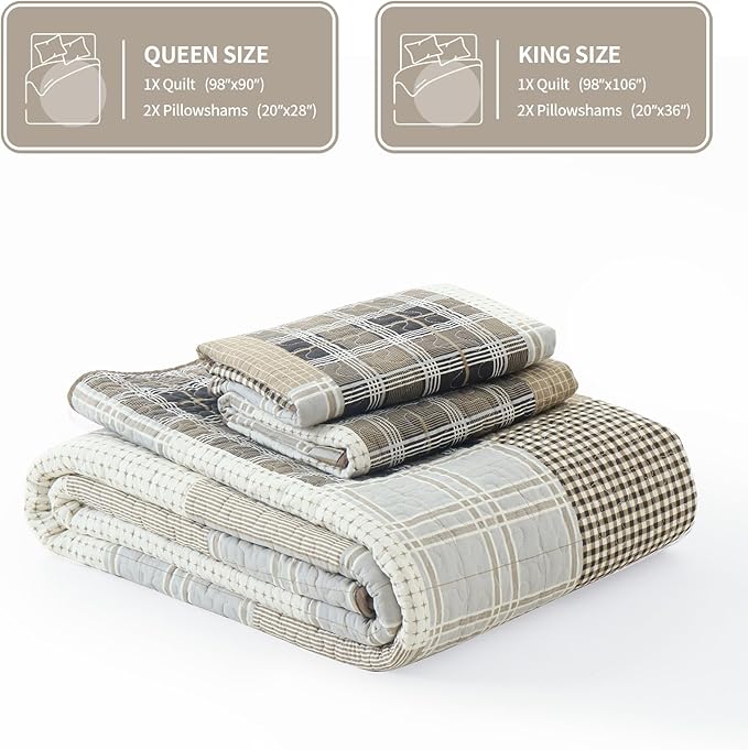 KALOOLA Plaid King Quilt Set, 100% Cotton Beige King Quilt Bedding Set, Farmhouse Reversible Quilted Bedspread Coverlet with 2 Pillow Shams, Lightweight Thin Comforter for All Season, 3 Pieces