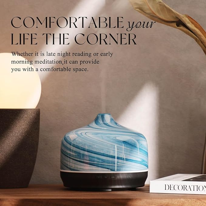 Porseme 500ml Glass Essential Oil Diffuser Aromatherapy Ultrasonic Cool Mist Humidifier 15-21 Running Hours Waterless Auto-Off Air Diffusers for Sleeping Yoga Office Working Spa and Rest (Blue Ink)