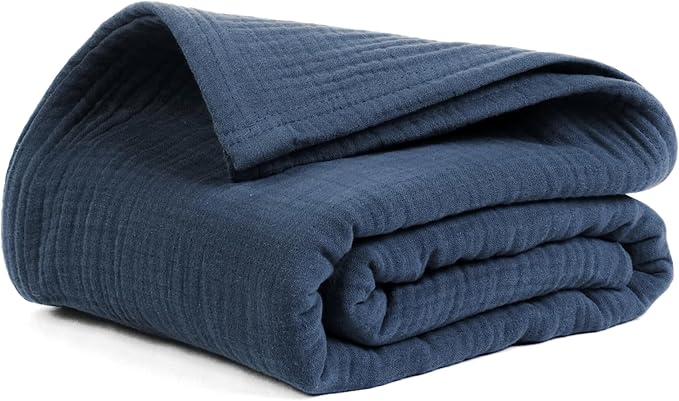 Salt Earth 100% Cotton Muslin Blanket, Gauze Blanket 80"X90" Queen, 4 Layered for Couch, Bed, Living Room,Lightweight & All Seasons Blankets & Throws, Easy to wash,Nature & Skin Friendly (Dress Blue)