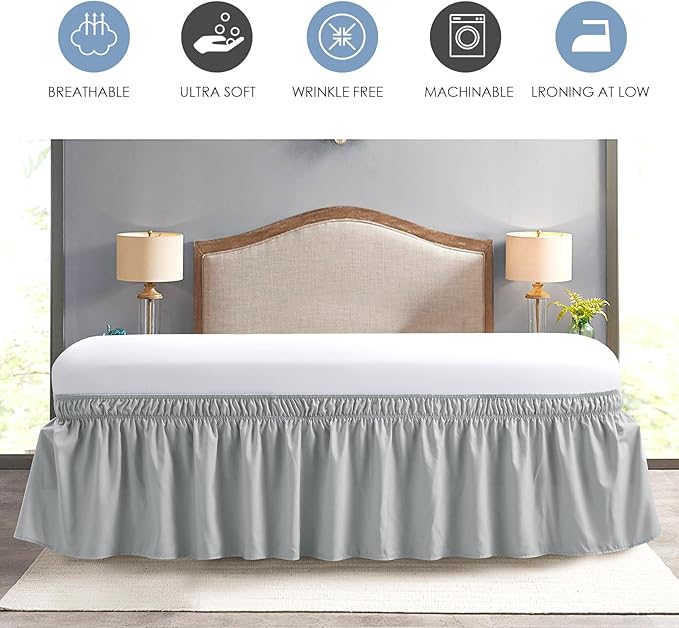 FreshCulture Elastic Wrap Around Bed Skirt - Easy Fit with 15-Inch Tailored Drop, Hotel Quality Dust Ruffle for Full Size Bed (Light Grey)