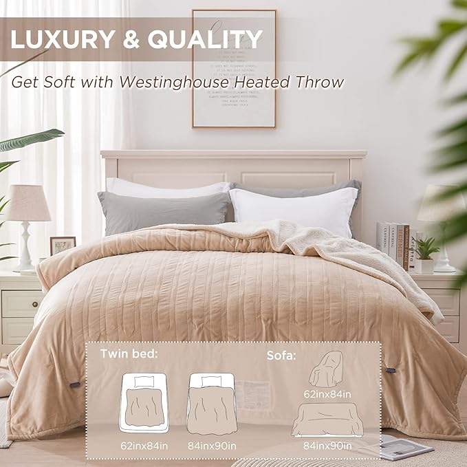 Westinghouse Heated Blanket King Size, Soft Flannel to Sherpa Electric Blanket with 10 Heating Levels, 1-12 Hours Auto Shut Off, Fast Heating, Machine Washable, 100x90 Inch, Beige