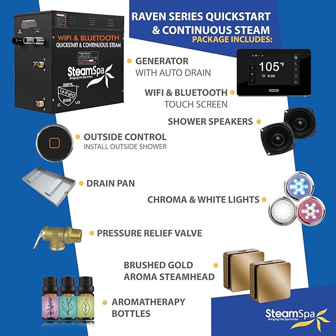 SteamSpa Steam System 12kW Steam Shower Generator with Bluetooth Wifi, Quickstart Continous Steam, Advanced Touch Pad Screen, Chroma Lights, Drain Pan and Auto Drain Gold RVBS1200GD-A