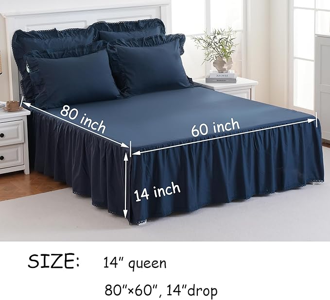 Queen Size 14 inch Drop Navy Blue Dust Ruffle, 100% Lightweight Cotton Ruffled Bed Skirt, French Coutry Style, Lace Ruffled Bed Skirt with Split Corners