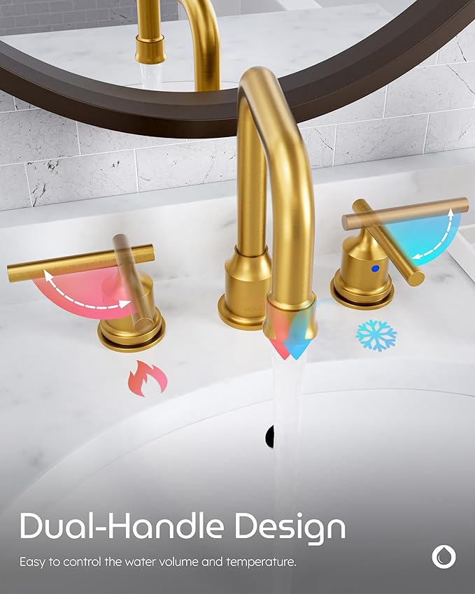 WOWOW Brushed Gold Bathroom Faucet Widespread Bathroom Sink Faucet 2 Handle Lavatory Tap 3 Holes with Drain and Supply Hoses Mordern Basin Taps