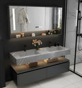 Double Sink Bathroom Vanity, Floating Bathroom Vanity with LED Smart Defogging Mirror and One-Piece Sink, Modern Bathroom Vanities with Open Floating Shelf, Rock Countertop & Faucet (Grey,92")