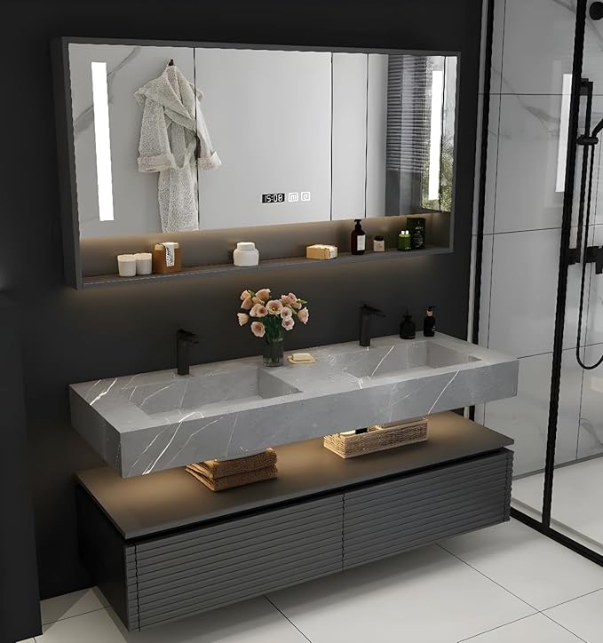60IN Bathroom Vanity with Double Sink, Modern Bathroom Vanity with LED Smart Defogging Mirror Cabinet and Open Shelf, Floating Bathroom Cabinet with Striped Double Drawers, Oak Material (Grey)