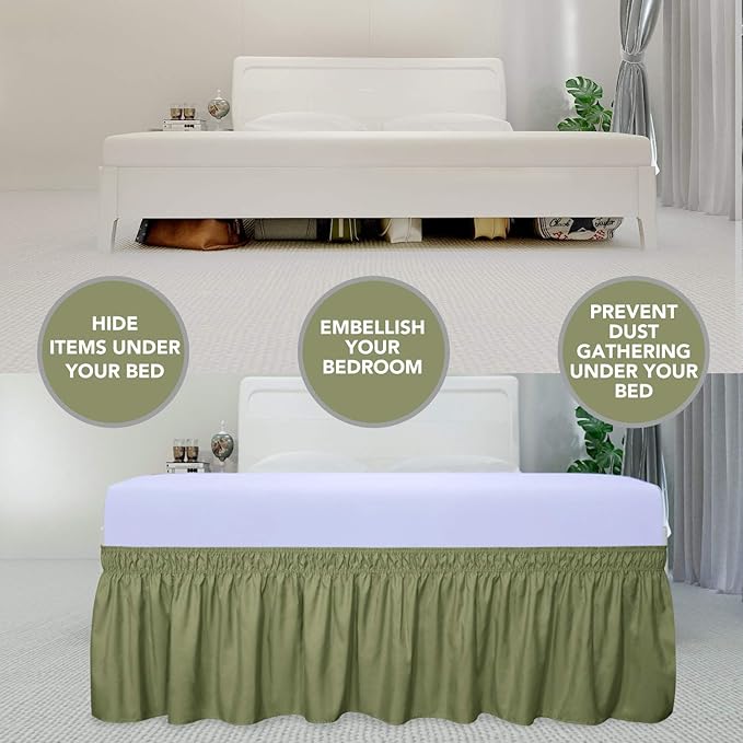 PureFit Wrap Around Ruffled Bed Skirt with Adjustable Elastic Belt - 14 Inch Drop Easy to Put On, Wrinkle Free Bedskirt Dust Ruffles, Bed Frame Cover for Twin,Twin XL and Full Size Beds, Light Green