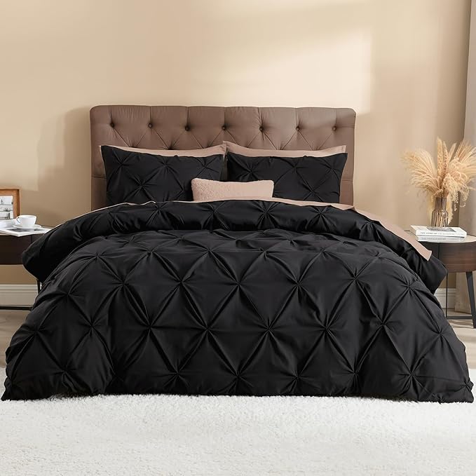 Litanika Black Oversized Queen Pinch Pleat Duvet Cover, 3 Pieces Pintuck Cover Soft Microfiber Bedding Set with Zipper Closure & Corner Ties(1 Duvet Cover, 2 Pillowcases)