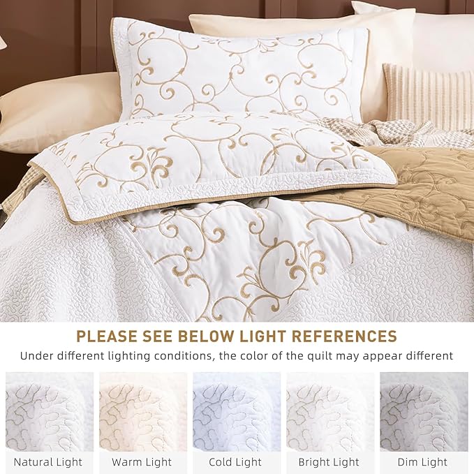 Lady Ann Oversized King 120x120 Quilt Bedspreads,100% Cotton Embroidery Pattern California King Size Quilt Bedding Set Extra Large White with Gold Bedding Coverlet Sets Lightweight All Season 3 Pcs